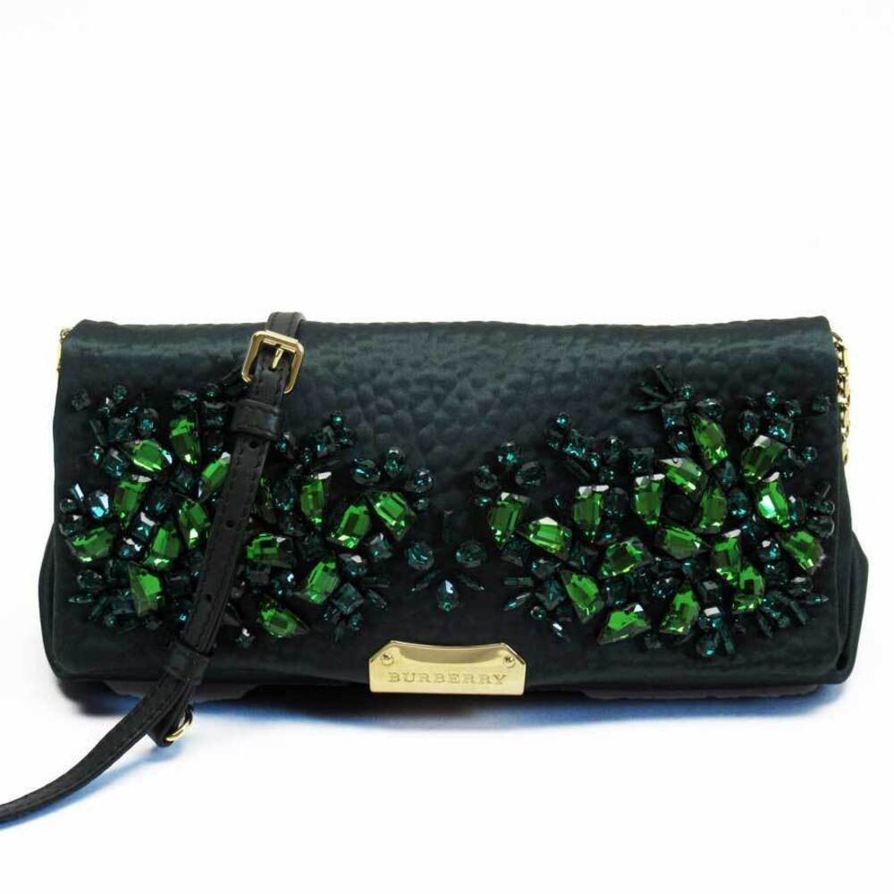 Burberry Chain Shoulder Bag Party Green Gold Satin Rhinestones